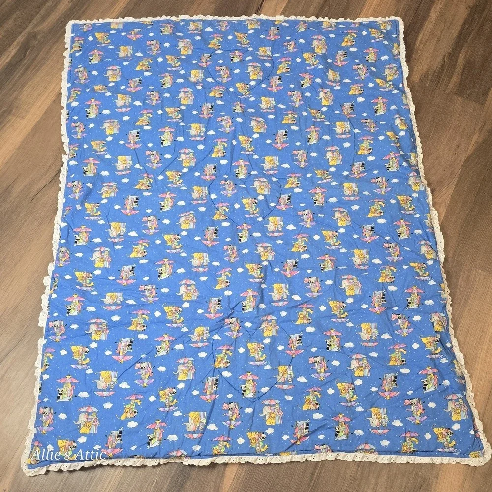 Noahs Ark Baby Quilt Blue Vintage Blanket Animals‎ Cotton Nursery Decor 50x38